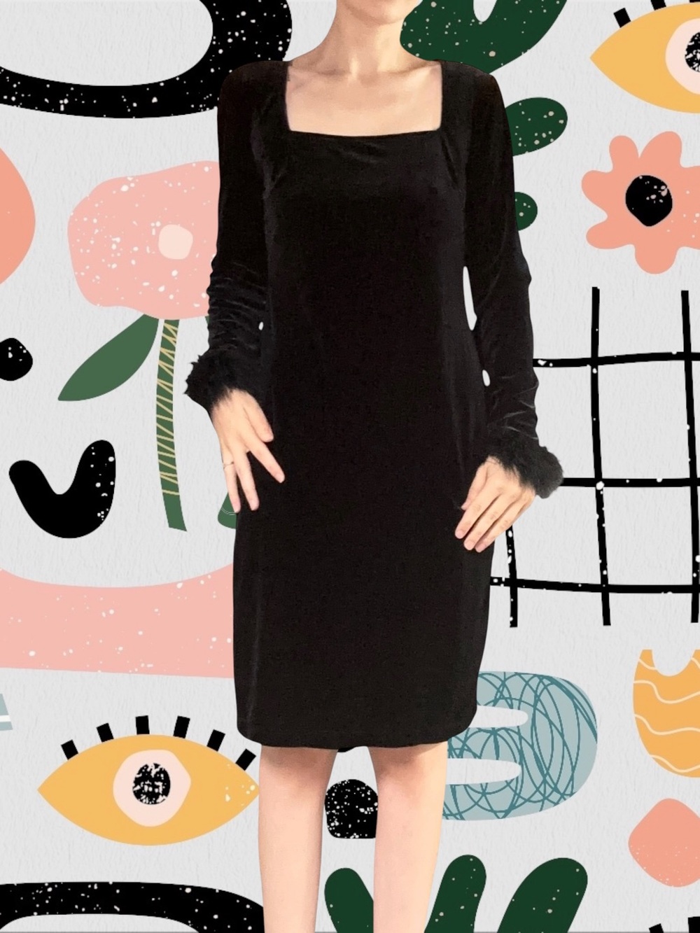 Steppin’ Out | Vintage 90s/Y2K Black Velvet Square Neck Feather Trim Dress